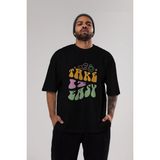 ankhises Take It Easy Yazılı Ön Baskılı Siyah Oversize T-Shirt Erkek Kadın Bisiklet Yaka