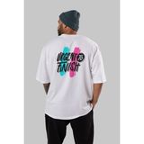 ankhises Urgent To Finish Arka Baskılı Beyaz Oversize T-Shirt Erkek Kadın Bisiklet Yaka - M