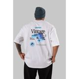 ankhises Vintage Çiçek Arka Baskılı Beyaz Oversize T-Shirt Erkek Kadın Bisiklet Yaka