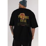 ankhises Vintage Rose Yazılı Arka Baskılı Siyah Oversize T-Shirt Erkek Kadın Bisiklet Yaka