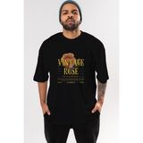 ankhises Vintage Rose Yazılı Ön Baskılı Siyah Oversize T-Shirt Erkek Kadın Bisiklet Yaka - M