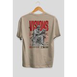 Ankhises Visions Arka Baskılı Bej Oversize T-Shirt Erkek Kadın Pamuk Bisiklet Yaka Tişort - XL