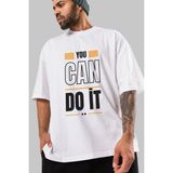 ankhises You Can Do It Yazılı Ön Baskılı Beyaz Oversize T-Shirt Erkek Kadın Bisiklet Yaka - M
