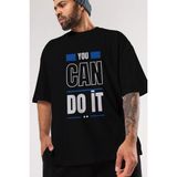 ankhises You Can Do It Yazılı Ön Baskılı Siyah Oversize T-Shirt Erkek Kadın Bisiklet Yaka