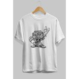 ankhisesBoombox Rockstar Ön Baskılı Beyaz Oversize T-Shirt Erkek Kadın Bisiklet Yaka