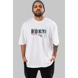 ankhisesBrooklyn 56 Ön Baskılı Beyaz Oversize T-Shirt Erkek Kadın Bisiklet Yaka