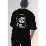 ankhisesHello Panda Arka Baskılı Siyah Oversize T-Shirt Erkek Kadın Bisiklet Yaka