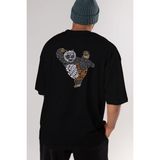 ankhisesWarrior Panda Arka Baskılı Siyah Oversize T-Shirt Erkek Kadın Bisiklet Yaka - M