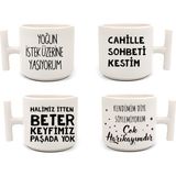 Anlam Lı Söz Baskılı 4 Lü Latte & Espresso Elyapımı T Kulplu Fincan - Beyaz - 300 cc