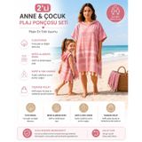 Anne Çocuk 2li Set Bornoz Panço%100 Pamuk Plaj Havlusu Peştemal Pembe (Anne s/m), 9-10 yaş