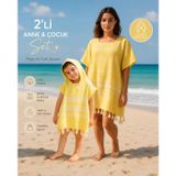 Anne Çocuk 2li Set Bornoz Panço%100 Pamuk Plaj Havlusu Peştemal Sarı (Anne S/M), 9-10 yaş