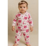 anne dokunuşu gibi KUZUM BEBE Pembe Ayıcıklı 2li Yakalı Pamuklu Bebek Takım