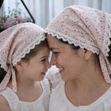 Anne Kız Kombin Bandana – Pamuklu Papatya Desenli Dantelli Bağlamalı Saç Bandı Seti - Pembe