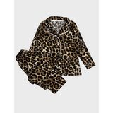Anne -Kız Pamuklu Süet Kumaş Kahverengi Leopar Desenli Gömlek Yaka Düğmeli Uzun Kollu Pijama Takımı - 14 Yaş