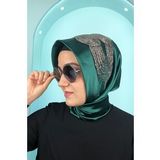 Anne Metalik Taşlı Yeşili Saten Kumaş Tesettür Pratik Hazır Düğün Abiye Eşarp