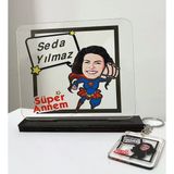 Anneler Günü Özel Süper Anne Karikatür Pleksi Plak Tablo Anahtarlık Hediyeli