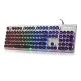 ANSWK Daktilo Tarzı Metal Panelli Oyun Klavyesi, Gökkuşağı LED Arkadan Aydınlatmalı, Yuvarlak Tuşlar, Gölgelenme Önleyici, Dökülmeye Dayanıklı, Işıklı USB Kablolu Retro 104 Tuş, Ofis için, Siyah/Gümüş