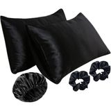 Ant Home Teks Premium Set Ikili Ipeksi Saten Yastık Kılıfı Toka ve Bone Kıvırcık Düz Dalgalı Saçlar - Siyah - 50X70