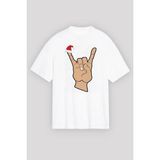 Antakya Yöresi Yılbaşı Noel Başlıklı Serçe Parmak Baskılı Oversize Bisiklet Yaka T-Shirt - Beyaz