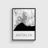 Antalya Şehir Haritası Tablo Çerçeveli Poster Duvar Dekorasyonu - 50 x 70 - Siyah Çerçeveli