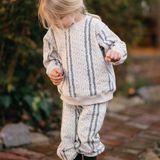Antebies Organik Bej Dikey Çiçek Desenli Manşetli Kız Bebek Sweatshirt Eşofman Takımı - Krem - 3 - 6 Ay