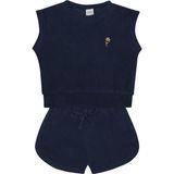 Antebies Organik Lacivert Havlu Çiçek Nakışlı Beli Lastikli Bağcıklı Kız Çocuk Kolsuz Bluz Şort Takımı - 5 - 6 Yaş
