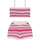 Antebies Pembe Beyaz Jakarlı Kolsuz Crop Bluz Şort Triko Kız Çocuk Takım - 9 - 10 Yaş