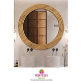 Antik Ahşap Dekoratif Ayna Yuvarlak Ayna Duvar Aynası Banyo Lavabo Aynası - 56 Cm