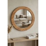 Antik Ahşap Dekoratif Ayna Yuvarlak Banyo Duvar Aynası 56 Cm Naturel