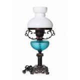 Antika Görünümlü El Yapımı Cam ve Metal Abajur, Çok Renkli, Opal Cam Şapkalı, Mermer Ayaklı, 25x54 cm