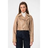 Antioch Bej Kadın Suni Deri Crop Biker Ceket - M