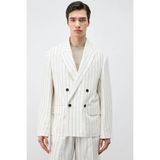 Antioch Ekru Keten Karışımlı Çizgili Erkek Blazer Ceket - XL