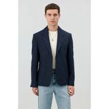 Antioch Lacivert Keten Karışımlı Balıksırtı Desenli Erkek Blazer Ceket - XL