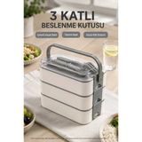 Antrasit 3 Katlı Beslenme Kutusu Çatal Kaşık Dahil Kilitli Kapaklı Taşıma Saplı Yemek Saklama Kabı Seti