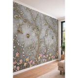 Antrasit- Chinoiserie Bahçesi - Kuş ve Çiçek Temalı Tek Parça Tekstil Duvar Kağıdı, 500 x 280