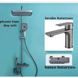 Antrasit Duş Seti Antrasit Lavabo Bataryası Antrasit Gri Set Piano Tasarım Banyo Yağmurlama