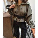 Antrasit Overlok Dikiş Detaylı Kimono Bağlama Kol Oversize Gabardin Gömlek Ceket - Haki - Antrasit - Standart