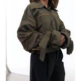 Antrasit Overlok Dikiş Detaylı Kimono Bağlama Kol Oversize Gabardin Gömlek Ceket - Haki - Turuncu - Standart