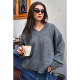 Antrasit V Yaka Oversize Kadın Triko Kazak MG2149 - L