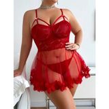 Anvelle Lingerie Büyük Beden Kırmızı Bikini Tanga Hediyeli Gecelik - 3XL