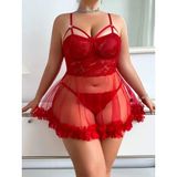 Anvelle Lingerie Büyük Beden Kırmızı Bikini Tanga Hediyeli Gecelik - 5XL