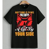 Anything Is Paws Kedi Gozluk Baskılı Unisex Erkek Kadın Oversize Tişört Siyah