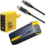 Aohi Youth 140W 3 Portlu Şarj Adaptörü, 40.000 Mah 140W Pd3.1 Powerbank, 140W LED Ekranlı Naylon Örgülü Süper Hızlı Şarj/data Kablosu Seti - Sarı