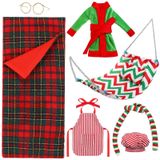 Aoriher 8 Parça Noel Elf Bebek Aksesuar Seti, Noel Uyku Tulumu, Bornoz, Önlük ve Şef Şapkası, Eşarp, Gözlükler, Noel Elf Hamağı, Bebek Dekorasyonları için Noel Aksesuarı (Ekose Stil)