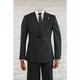 Apartro Slimfit Sivri Yaka Çift Yırtmaçlı Çizgili Kruvaze Takım Elbise - Siyah - 56 / 6