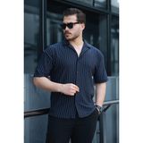 Apaş Yaka Krep Kumaş Çizgili Yarım Oversize Erkek Gömlek - Lacivert