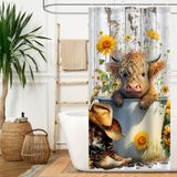 Aperturee 72x36 inç Sevimli Yayla İnek Duş Perdesi Banyo için, Çiftlik Evi Batı Kovboy Ayçiçekleri, Komik Sığır Kova Rustik Ahşap, 12 Plastik Duş Kancalı Küvet Dekoru