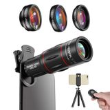 APEXEL Kamera lens kiti, 18 x monoküler teleskop, 0,63 x geniş açı, 15 x makro objektif, 198° balık gözü objektif, iPhone, Samsung ve çoğu akıllı telefon için esnek kamera tripodu