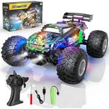 Apexma 2.4ghz Uzaktan Kumandalı LED Işıklı 1:18 Ölçek Şarjlı Hız Yapan Arazi Aracı - Oyuncak Bigfoot Jeep - Full Fonksiyon Işıklı Off-Road Araba - Yeşil