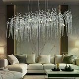 Apliqa Laura Sıralı Krom Yemek Masası Üstü Kristal Taşlı Modern Tasarım Su Damlası Taşlı Salon Avize